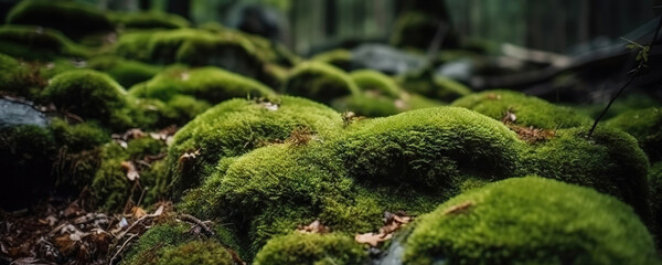 Green moss and rough stones in the dense forest