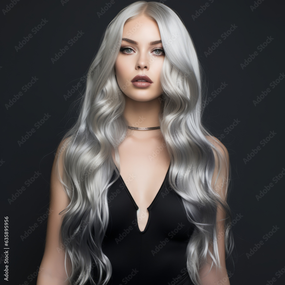 Wall mural portrait of a woman in a black dress posing with long blonde hair, in the style of sterling silver h