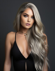 Portrait of a woman in a black dress posing with long blonde hair, in the style of sterling silver highlights and sleek metallic finish
