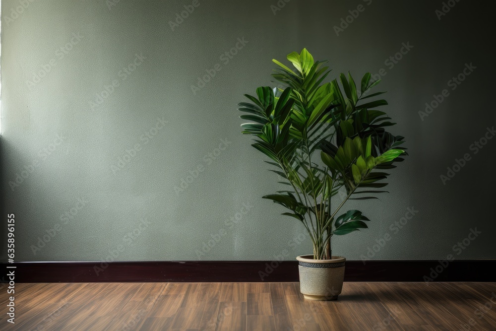 Sticker zamioculcas plant, also known as zanzibar gem, in home with empty room