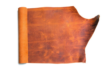 Leather piece isolated on white background. Top view.