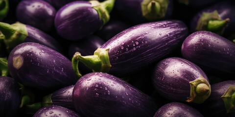 Top view of lots of purple ripe eggplants. Vegetable eggplant wallpaper, stylish backing for healthy food banner.