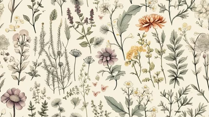  Seamless pattern background featuring a collection of vintage botanical illustrations with flowers and leaves in muted colors © Keitma