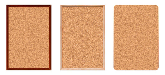 Set of cork noticeboards with texture in frame. Message board with a grainy pattern for pinning notes, to-do lists, photos. Background for scrapbooking. Vector illustration.