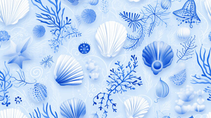 Seamless pattern background inspired by the textures and patterns of the ocean with intricate illustrations of seashells, waves, and sea creatures, set against a serene blue background
