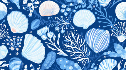 Seamless pattern background inspired by the textures and patterns of the ocean with intricate illustrations of seashells, waves, and sea creatures, set against a serene blue background