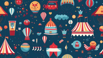Photo sur Plexiglas Parc dattractions Seamless pattern background showcasing a variety of whimsical and playful circus elements with circus tents, acrobats, clowns, and carnival animals in a lively and colorful style
