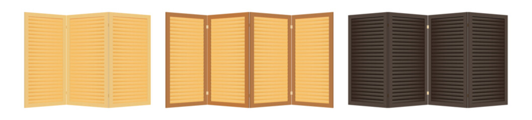 PrintSet of wooden folding screens with horizontal slats, consisting of three screens. Vector objects isolated on white background. Interior item for dividing a room. Paravan for changing clothes
