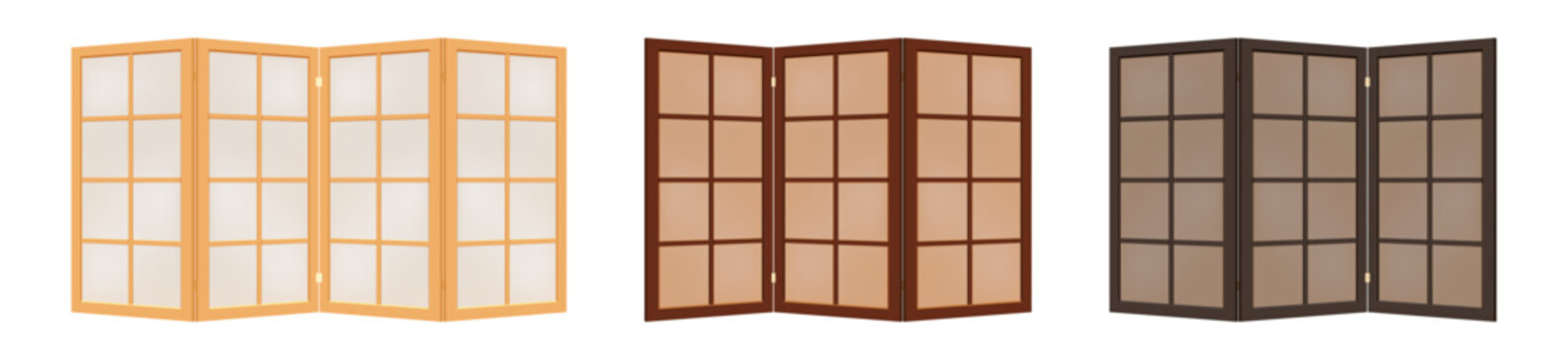 Set of wooden folding screens with frosted glass or paper to divide the room, as a decor. Paravans in asian style