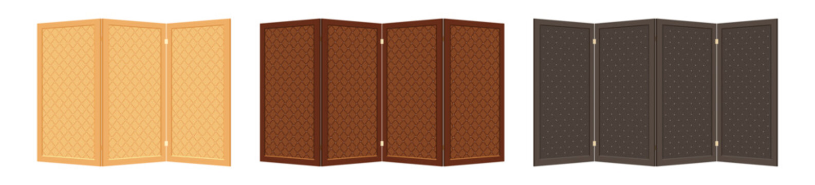 Set of wooden screens with wicker walls. Vector objects on a white background. Interior items for dividing a room with basketweave pattern. Vintage paravan for changing clothes and toilet