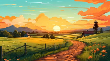 Autumn landscape with grassland, orange view of sunset.Concept Art Scenery. Book Illustration. Video Game Scene. Serious Digital Painting. CG Artwork Background. Generative AI
