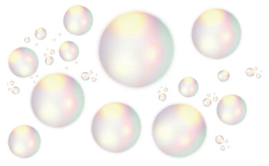 Set of realistic transparent colorful soap bubbles with rainbow reflections isolated on clear background.