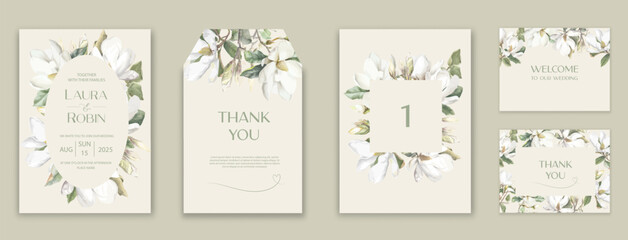 Garden Flowers Wedding Invitation Card Design, Magnolia Wedding Invite, Colorful Spring Floral Invitation Card. © ku4erashka