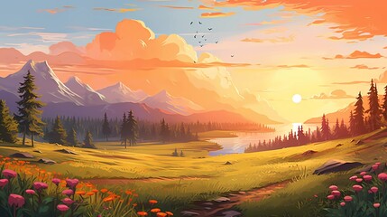Autumn landscape with grassland, orange view of sunset.Concept Art Scenery. Book Illustration. Video Game Scene. Serious Digital Painting. CG Artwork Background. Generative AI
- 635897766