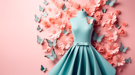 Haute couture dress with a flowers and butterflies on a pink background