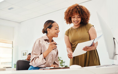 Happy creative women, documents and designer in team planning, strategy or ideas together at office. Female person and colleague smile with paperwork in design for project startup at the workplace