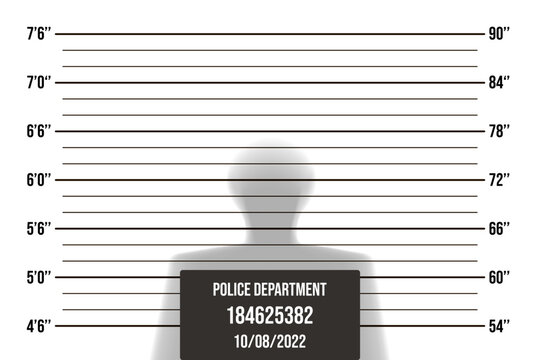 Mugshot with a shadow of man and a table with date. Height identification with measurement feet line in the examination room. Vintage vector template