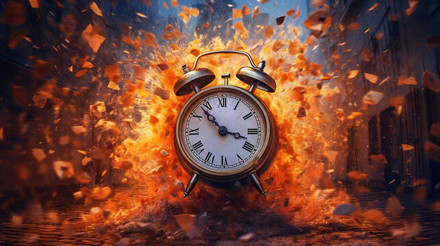 Dramatic Scene: Exploding Alarm Clock Engulfed in Fiery Flames - AI generated