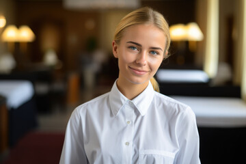Fototapeta premium Portrait of young chambermaid near bed in hotel room