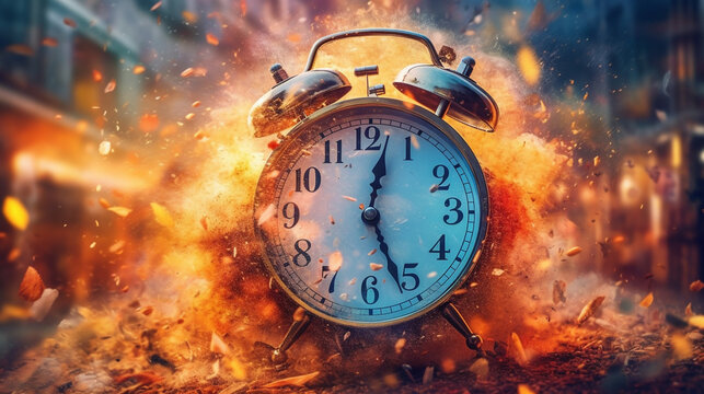 Dramatic Scene: Exploding Alarm Clock Engulfed in Fiery Flames - AI generated