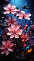  a bunch of pink flowers with water droplets on them in a blue background.  generative ai