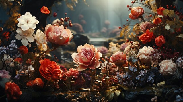  a bunch of flowers that are in the grass and dirt. generative ai © Nadia