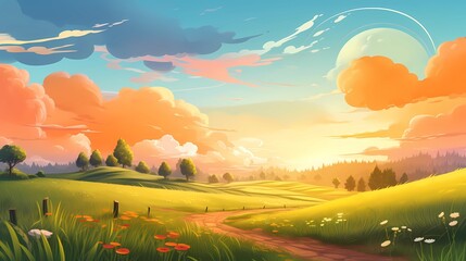 Autumn landscape with grassland, orange view of sunset.Concept Art Scenery. Book Illustration. Video Game Scene. Serious Digital Painting. CG Artwork Background. Generative AI
- 635898914