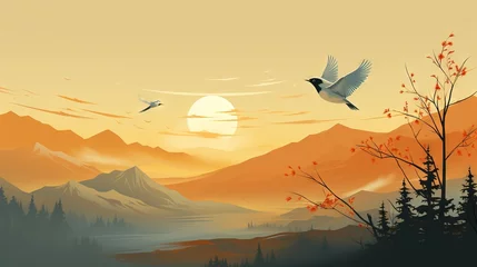 Gardinen  a painting of two birds flying over a mountain range at sunset.  generative ai © Nadia