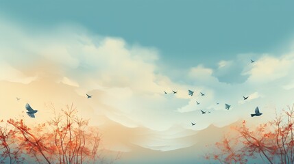  a flock of birds flying over a lush green forest under a cloudy blue sky.  generative ai