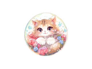 Cute Cat in Bubble with Flowers Clip Art
