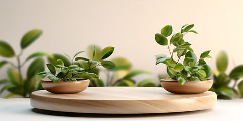 Wooden product display podium with blurred nature leaves on white background. 3D rendering