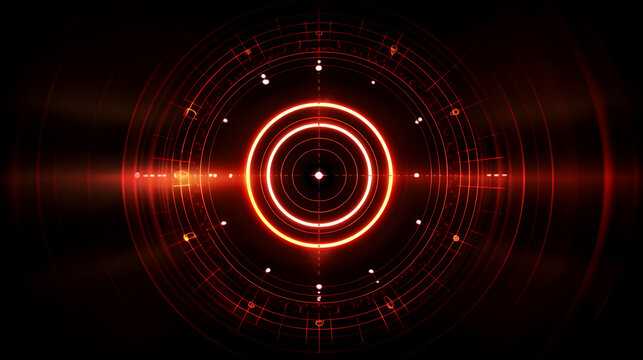 Glowing Red and orange light circle dartboard, black background 
