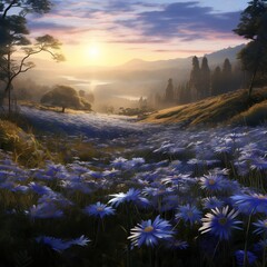 A photorealistic portrait of sunrise flower meadow plant in a natural tropical setting