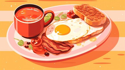  a breakfast plate with eggs, toast, tomatoes, and a cup of coffee.  generative ai