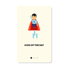 Superhero flying up to business target flat vector icon. Businessman achieving company goals, developing career isolated vector illustration. Aim achieving, target concept for web design and apps