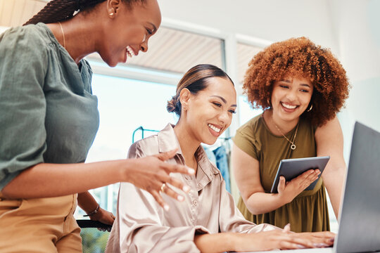 Employees, teamwork and planning on tech in office with creative, ideas for digital marketing strategy on computer or tablet. Online, advertising and women in Colombia working together in startup