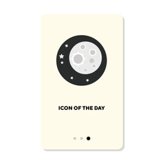 Moon among stars in space flat vector icon. Discovering planet or satellite in galaxy isolated vector illustration. Cosmos and technology concept for web design and apps