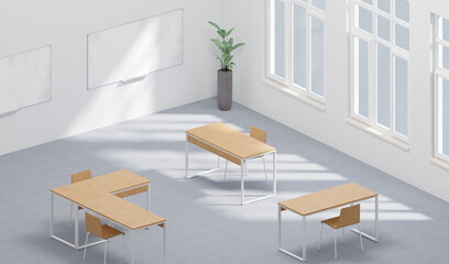 Stylized 3d rendering of an open office with white boards, orthographic perspective. Modern working place mock up image