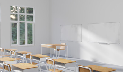 Generic classroom of elementary or middle school, offline studying, 3d rendering. Digital illustration of a high school class in direct sunlight