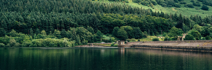 Fototapeta na wymiar Ladybower Reservoir Dam, large Y-shaped reservoir in the Upper Derwent Valley, at the heart of the Peak District National Park, Derbyshire, England, UK