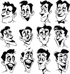 Vintage cartoon and comic happy facial expressions, cartoon face set, Vector illustration, SVG