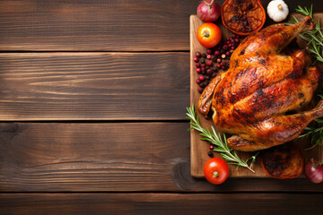 Top view Thanksgiving turkey on rustic wooden table. Thanksgiving day or Christmas background. Thanksgiving dinner with whole roasted chicken. Traditional autumn holiday food concept.