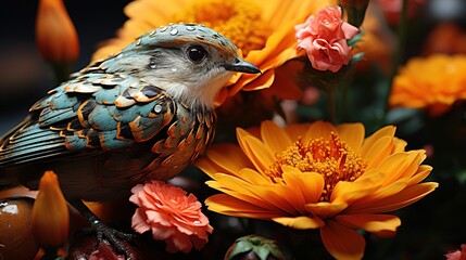  a bird sitting on top of a bunch of orange and yellow flowers.  generative ai