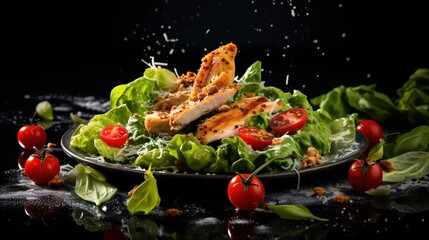  a salad with chicken and tomatoes on a black plate with sprinkles.  generative ai