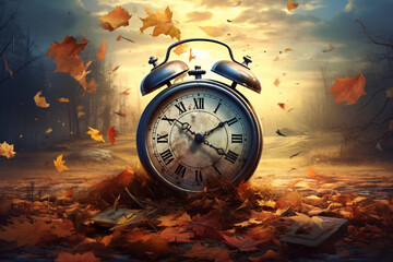 Daylight Saving Time. Alarm clock and orange color leaves on wooden table. Autumn time. Fall time change. Autumn leaves fall and winter approaches, the concept of daylight saving time.