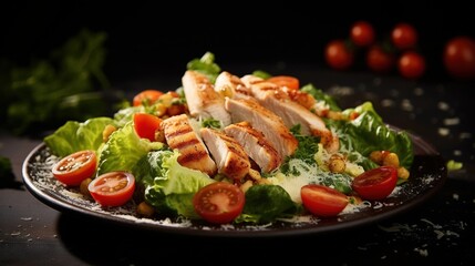  a salad with chicken and tomatoes on a plate on a table.  generative ai