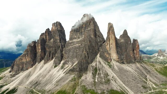 Tre Cime di Lavaredo rocks shoot from drone. South Tirol, Europe, Italy.