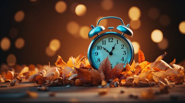 Daylight Saving Time. Alarm clock and orange color leaves on wooden table. Autumn time. Fall time change. Autumn leaves fall and winter approaches, the concept of daylight saving time.