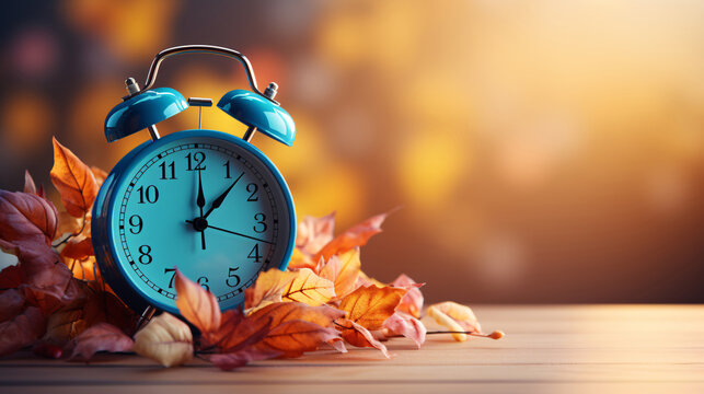 Daylight Saving Time. Alarm clock and orange color leaves on wooden table. Autumn time. Fall time change. Autumn leaves fall and winter approaches, the concept of daylight saving time.