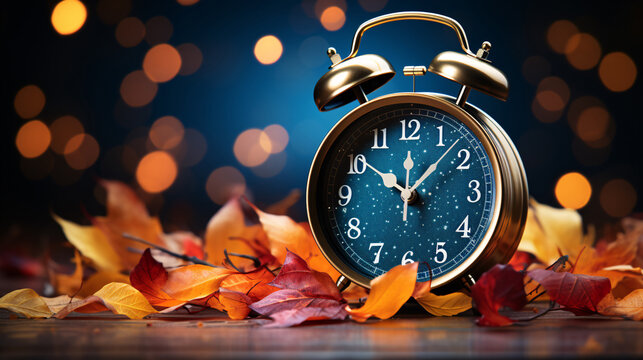 Daylight Saving Time. Alarm clock and orange color leaves on wooden table. Autumn time. Fall time change. Autumn leaves fall and winter approaches, the concept of daylight saving time.
